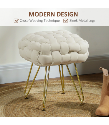 HOMCOM Woven Velvet Foot Stool with Steel Legs for Living Room, Cream White