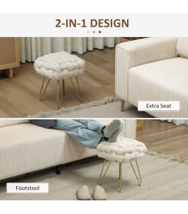 HOMCOM Woven Velvet Foot Stool with Steel Legs for Living Room, Cream White