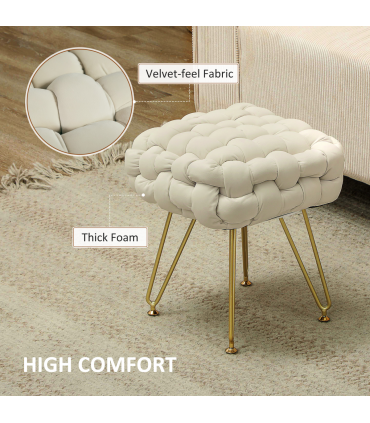 HOMCOM Woven Velvet Foot Stool with Steel Legs for Living Room, Cream White