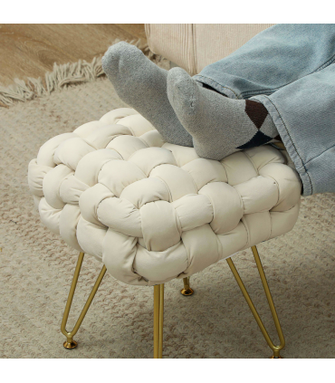 HOMCOM Woven Velvet Foot Stool with Steel Legs for Living Room, Cream White
