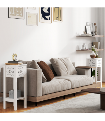 HOMCOM Bedside Table Set, End Table Set with Drawer and Storage Shelf, White