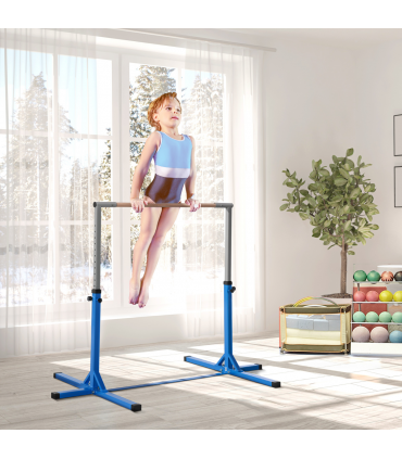 Kids Gymnastics Bar Adjustable Blue Steel Wood Beech 197L x 121W x 92H cm