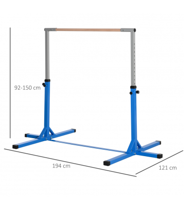 Kids Gymnastics Bar Adjustable Blue Steel Wood Beech 197L x 121W x 92H cm