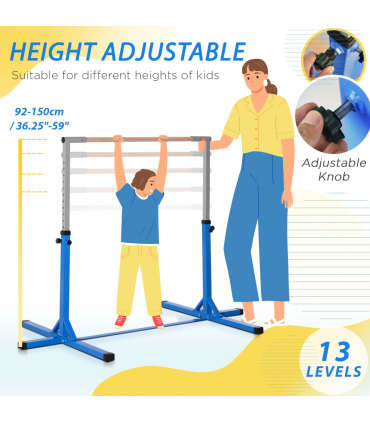 Kids Gymnastics Bar Adjustable Blue Steel Wood Beech 197L x 121W x 92H cm