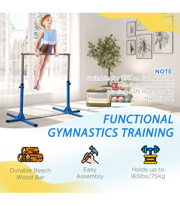 Kids Gymnastics Bar Adjustable Blue Steel Wood Beech 197L x 121W x 92H cm