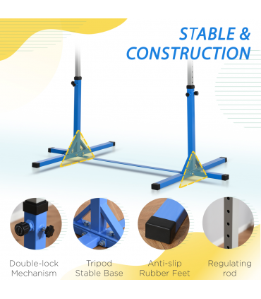 Kids Gymnastics Bar Adjustable Blue Steel Wood Beech 197L x 121W x 92H cm