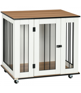 Dog Crate Furniture White Steel 80 x 60 x 76.5cm - Wheel for Medium Dogs
