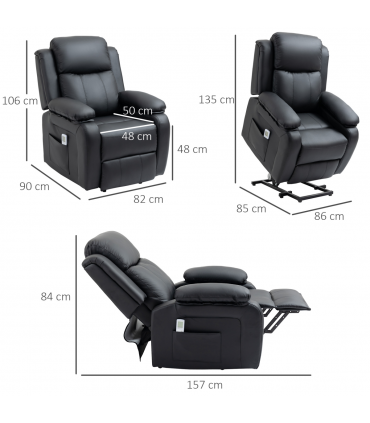 Electric Power Lift Recliner Chair with Massage Vibration Side Pocket, Black