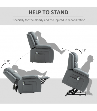 Electric Power Lift Recliner Chair with Massage Vibration Side Pocket, Grey