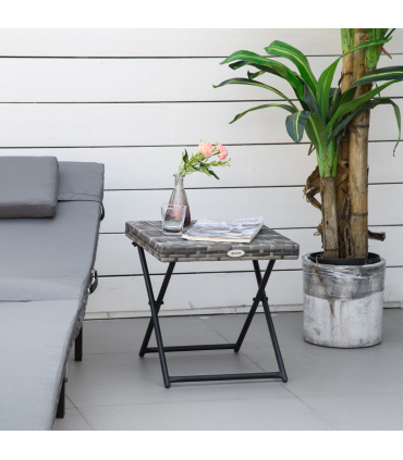 Folding Square Rattan Coffee Table Bistro Balcony Garden Steel  Outsunny