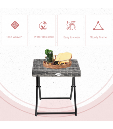 Folding Square Rattan Coffee Table Bistro Balcony Garden Steel  Outsunny