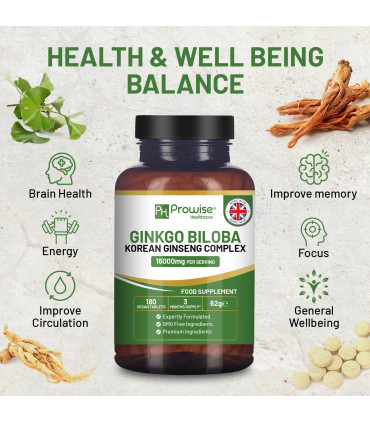Ginkgo Biloba and Korean Ginseng Tablets 8000mg 180 Vegan Tablets by Prowise