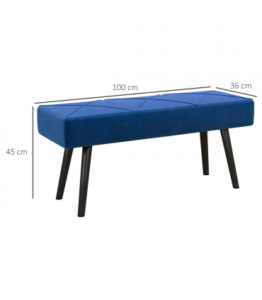 Bed-End Bench Blue Velvet Upholstery Steel Legs 100L x 36W x 45H cm Comfortable