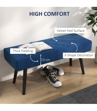 Bed-End Bench Blue Velvet Upholstery Steel Legs 100L x 36W x 45H cm Comfortable