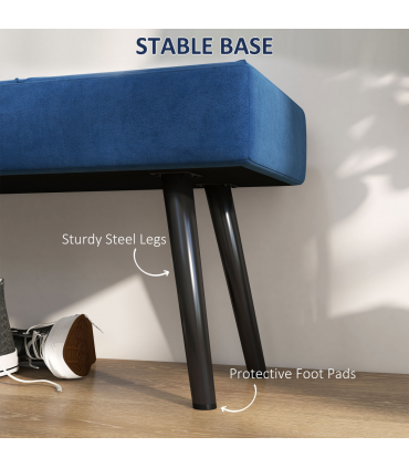 Bed-End Bench Blue Velvet Upholstery Steel Legs 100L x 36W x 45H cm Comfortable