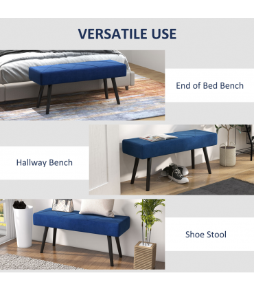 Bed-End Bench Blue Velvet Upholstery Steel Legs 100L x 36W x 45H cm Comfortable