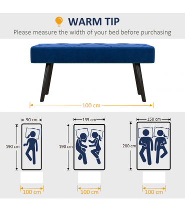 Bed-End Bench Blue Velvet Upholstery Steel Legs 100L x 36W x 45H cm Comfortable