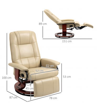HOMCOM Ergonomic Office Recliner Sofa Chair PU Leather Armchair Lounger Cream