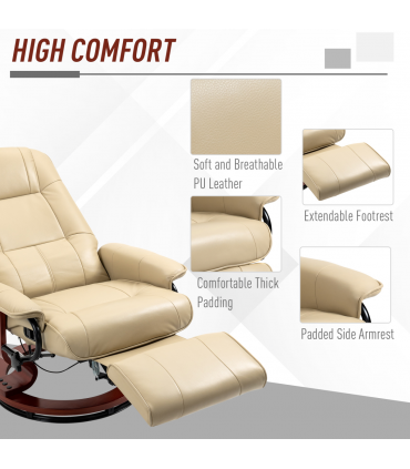 HOMCOM Ergonomic Office Recliner Sofa Chair PU Leather Armchair Lounger Cream