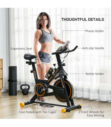 HOMCOM Exercise Bike Indoor Cycling w/ LCD Display, Heart Rate Sensor, Orange