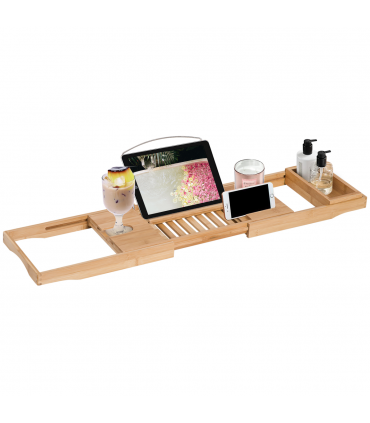 HOMCOM Extendable Bath Tub Bathroom Tray Bathtub Caddy Shelf Wine Holder Book