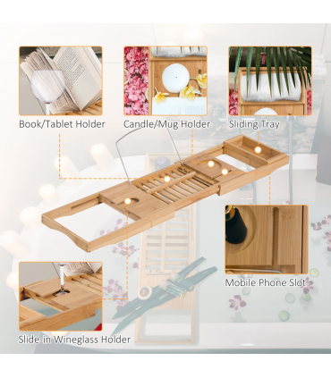 HOMCOM Extendable Bath Tub Bathroom Tray Bathtub Caddy Shelf Wine Holder Book