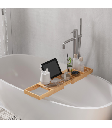 HOMCOM Extendable Bath Tub Bathroom Tray Bathtub Caddy Shelf Wine Holder Book