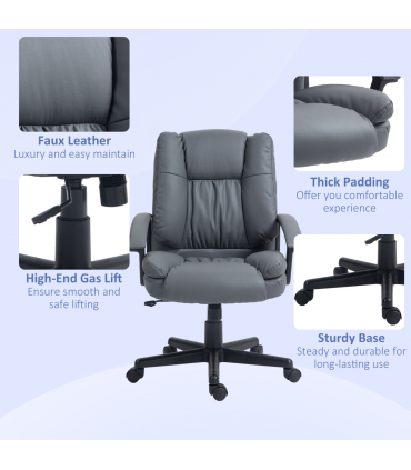 HOMCOM Faux Leather Home Office Chair Mid Back Desk Chair with Arms Dark Grey