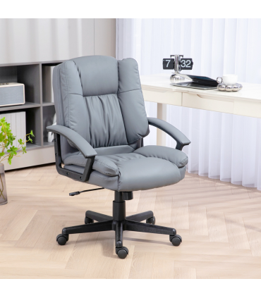 HOMCOM Faux Leather Home Office Chair Mid Back Desk Chair with Arms Light Grey