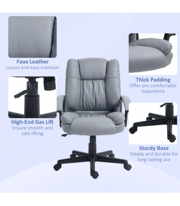 HOMCOM Faux Leather Home Office Chair Mid Back Desk Chair with Arms Light Grey