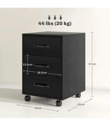 HOMCOM File Cabinet with 3 Drawers, Under Desk Mobile Filing Cabinet Black