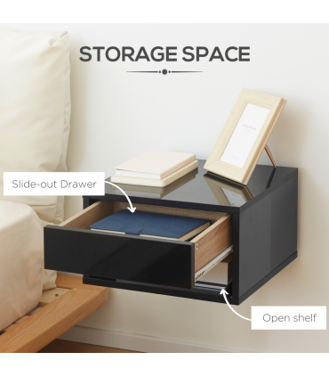 HOMCOM Floating Bedside Table Set of 2 Wall Mounted Nightstand W/ Drawer Black