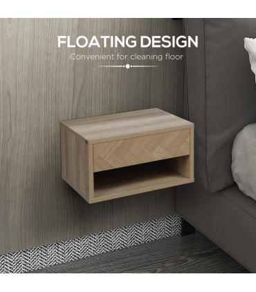 HOMCOM Floating Bedside Table Set of 2 Wall Mounted Nightstand W/ Drawer Natural