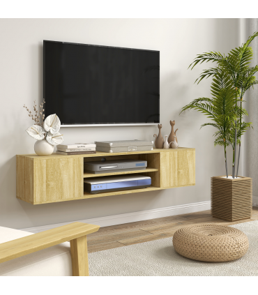 Floating TV Unit Natural Wood Finish 140L x 30W x 30H cm Shelves Cabinets