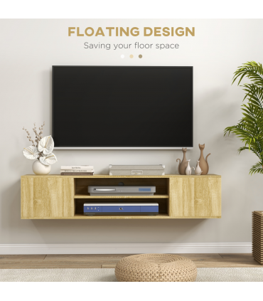 Floating TV Unit Natural Wood Finish 140L x 30W x 30H cm Shelves Cabinets