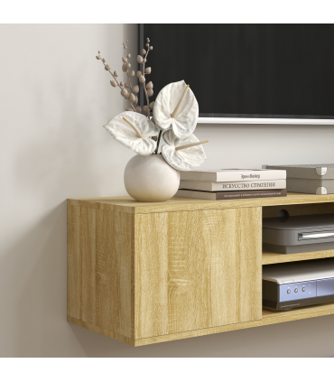 Floating TV Unit Natural Wood Finish 140L x 30W x 30H cm Shelves Cabinets
