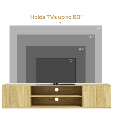 Floating TV Unit Natural Wood Finish 140L x 30W x 30H cm Shelves Cabinets