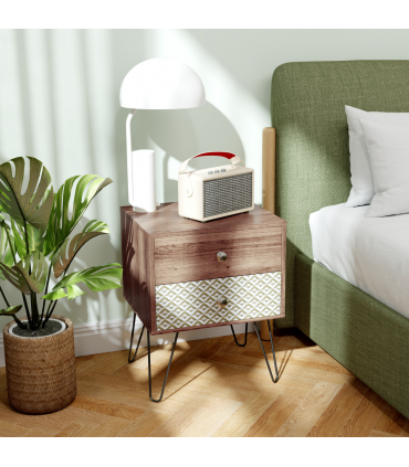 Chic Boho Style Bedside Table with Storage - Brown Wood Effect Design