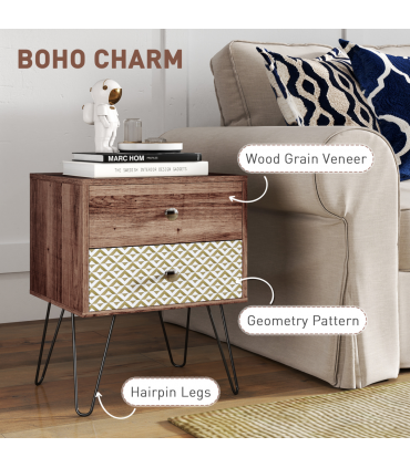 Chic Boho Style Bedside Table with Storage - Brown Wood Effect Design