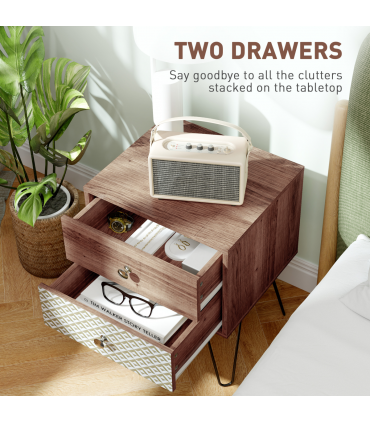 Chic Boho Style Bedside Table with Storage - Brown Wood Effect Design