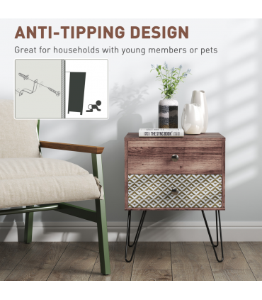 Chic Boho Style Bedside Table with Storage - Brown Wood Effect Design
