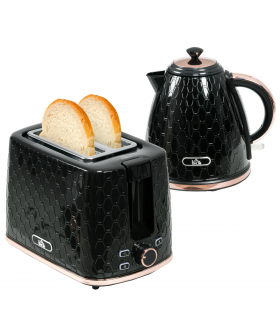 Kitchen Set 1.7L Fast Boil Kettle & 2 Slice Toaster Black Honeycomb Design