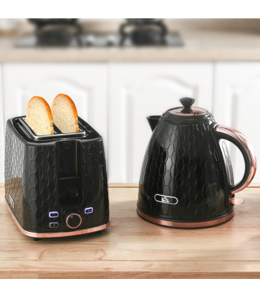 Kitchen Set 1.7L Fast Boil Kettle & 2 Slice Toaster Black Honeycomb Design