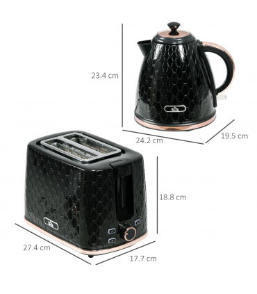 Kitchen Set 1.7L Fast Boil Kettle & 2 Slice Toaster Black Honeycomb Design