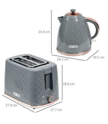 HOMCOM Kettle and Toaster Set 1.7L Fast Boil Kettle & 2 Slice Toaster Set Grey