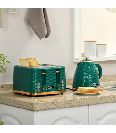 Kitchen Set Green 1.7L Rapid Boil Kettle & 4 Slice Toaster Pebbled Design