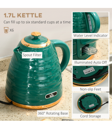 Kitchen Set Green 1.7L Rapid Boil Kettle & 4 Slice Toaster Pebbled Design