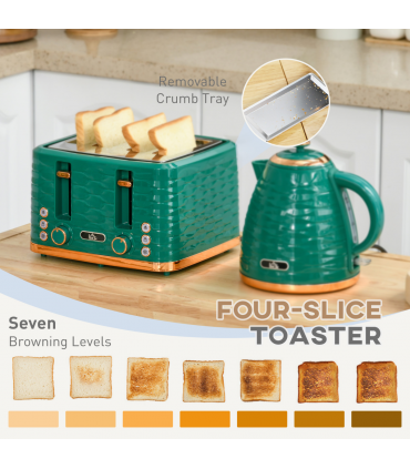 Kitchen Set Green 1.7L Rapid Boil Kettle & 4 Slice Toaster Pebbled Design