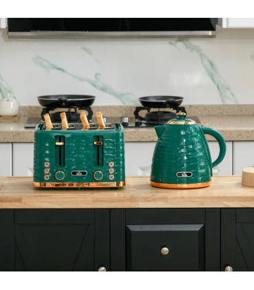 Kitchen Set Green 1.7L Rapid Boil Kettle & 4 Slice Toaster Pebbled Design