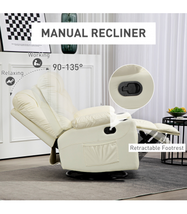 HOMCOM Manual Recliner Chair with Footrest, Cup Holder, Swivel Base, Cream